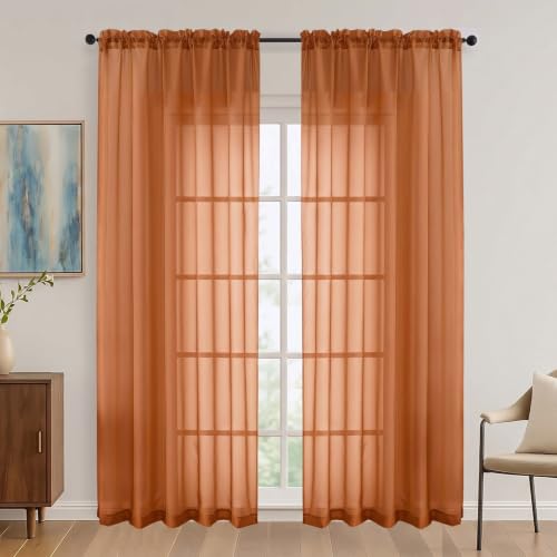 Image of Orange Sheer Curtains 84 Inches Long 2 Panels Set, Light Filtering Sheer Curtains for Living Room Bedroom 59 Inch Extra Wide, Modern Voile Filmy Rod Pocket Window Drapes, 59Wx84L Inches