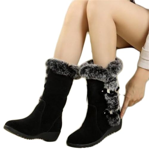 Image of Winter Women Boots Casual Warm Fur Mid-Calf Boots shoes Slip-On (Black, 41)