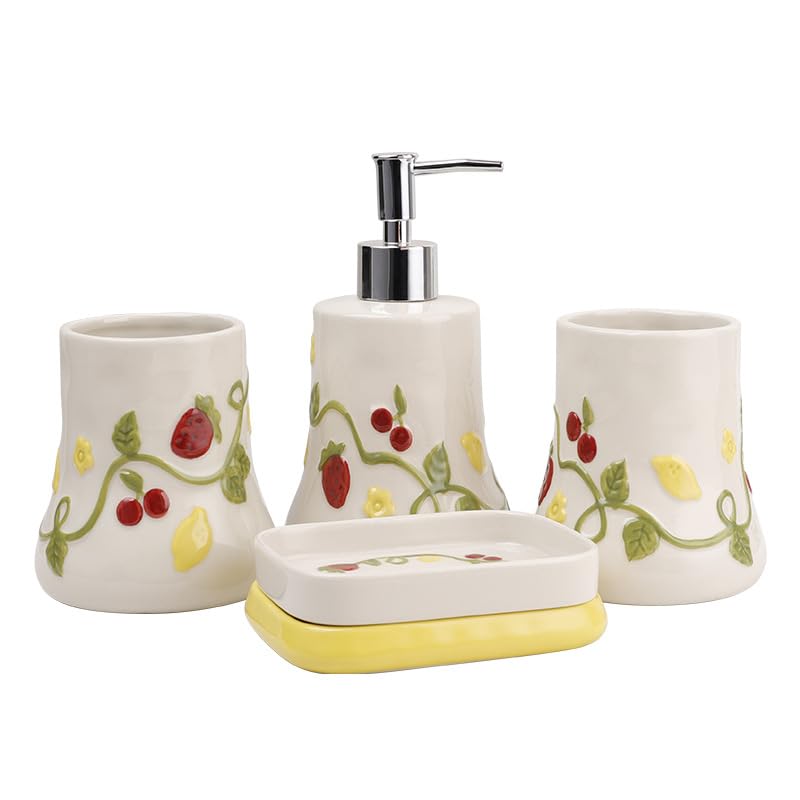 Juego de Accesorios de baño de cerámica de 4 Piezas con dispensador de jabón de Fresa, dispensador de jabón de Manos, Vaso, Soporte para Cepillo de Dientes y jabonera para decoración