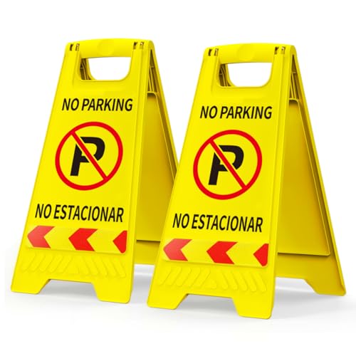 No Parking Signs 2 Pack No Parking Signs with Reflective Tape 17.5 Height Double-Sided English & Spanish Text and Graphics Easier to Identify Portable Folding Bright Yellow Warning Sign for Commercial Use