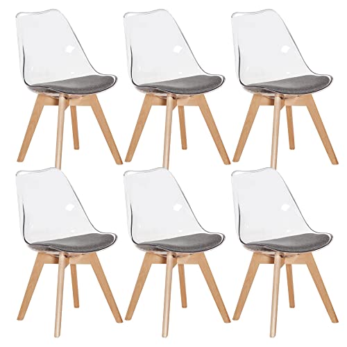 EGGREE Esszimmerstühle Transparent 6er Set, Stuhlkissen aus grauem Leinen und Beine aus massiver Buche, Geeignet für Esszimmer, Wohnzimmer, Schlafzimmer Cover