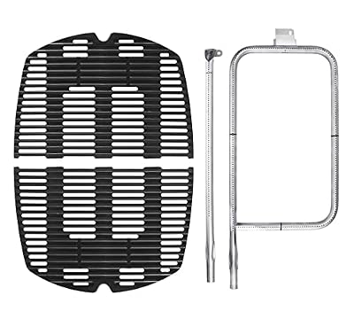 DELSbbq 7646 Cast Iron Grates and 65032 Grill Burner for Weber Q300 Q320 Q3000 Q3200 57060001 586002 Gas Grills, Replacement Parts for Weber 7584, 65032