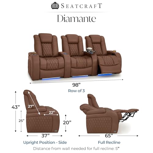 Image of Seatcraft Diamante Tobacco Italian Leather Home Theater Seating, Zero Gravity Power Recliner Gaming and Home Office Chair, Powered Headrest Lounge Sofa Furniture for Cinema Room, Row of 3