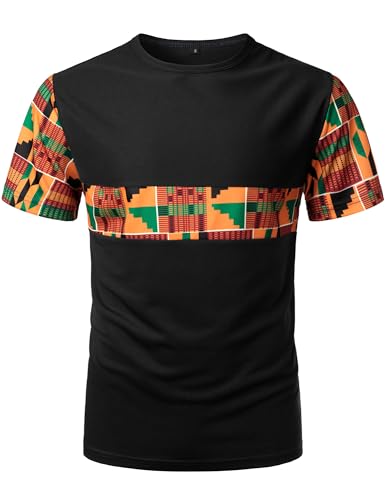 ZEROYAA Men's African Kente Pattern Patchwork T-Shirt Breathable Short Sleeve Dashiki Shirt