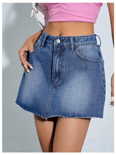 Women's Raw Hem Pocket Denim Jean Causal High Waist Short Skirt