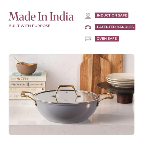 Image of Asai Ceramic Non Stick Kadai 26cm (3.5L) with Glass Lid & Spatula | Grey | Swiss Ceramic Coating | Gas & Induction Compatible | Stay-Cool Handles | Lab-Tested | 100% Toxin Free | Silicone Spatula