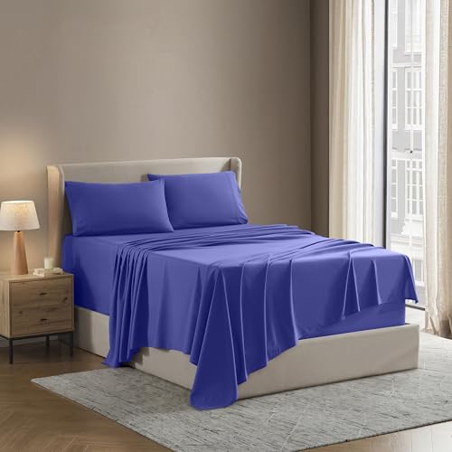 Image of Nestl Split King Bed Sheet Set - Royal Blue - 5-Piece Deep Pocket | Instantly Soft, Night-One Ready (No Wash Required). Fits 16-Inch Deep Pockets, 360-Degree Elastic Grip