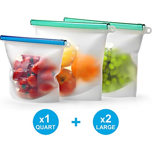 Reusable Silicone Food Storage Bag Set of 3 by Kiva.World - LARGE SIZE