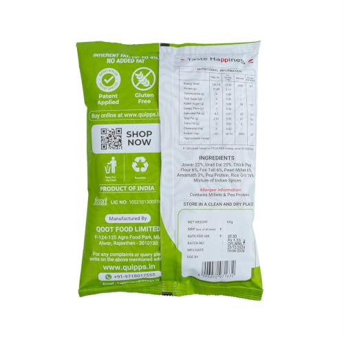 Image of Quipps Power Bytes Mast Masala Snack | Upto 28% Plant Protein | Gluten Free | No Maida | No Palm Oil | No Artificial Preservatives | Bold Indian Masala Flavour | Patent Applied Innovation | Pack of 6 (360g Total) | Tea-Time & Office Snack