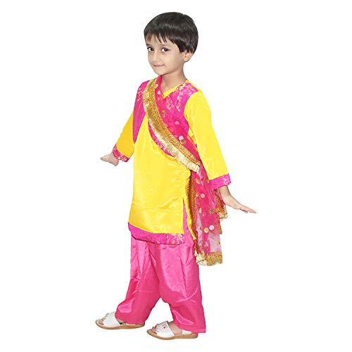 Image of Kaku Fancy Dresses Indian State Punjabi Folk Dance Costume For Kids /Salwar Suit With Dupatta For Girl Costume - Yellow & Magenta, 3-4 Years