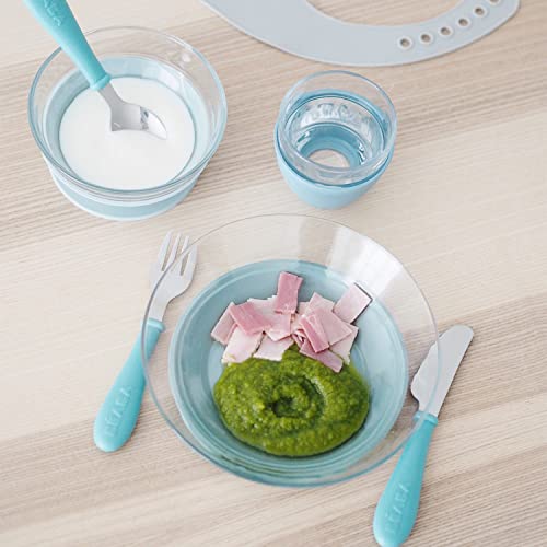 Image of BEABA 3-Piece Glass Meal Set with Suction Pad, Toddler Plate and Baby Bowls with Suction, Non Slip Kids Dinnerware Set, 2.5x Stronger than Regular Glass, (Rain)