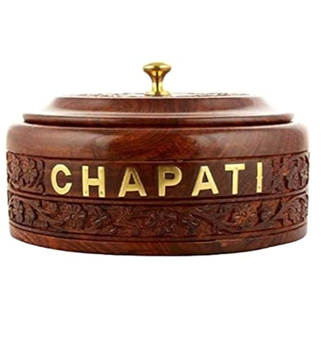 Image of Antlantic Wood Store Wooden Chapati Stainless Steel Sheesham Hand Carved Wood Casserole Box | Roti | Chapati Round Shape | Size 9 x 9 Inch | Brown