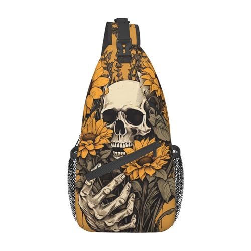 Sunflower Skeleton Sling Bag for Women Men, Spooky Skull Crossbody Sling Backpack, Shoulder Chest Pack for Travel Casual Hiking
