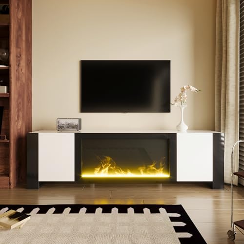 Mueble de TV con chimenea eléctrica decorativa sin función de calefacción, armario bajo de alto brillo con 2 puertas y estantes interiores, mueble de salón estable, elegante soporte para televisión