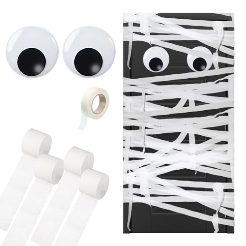 WinnerWhy Halloween Mummy Decorating Kit with Large Googly Eyes Crepe Paper Streamers and Masking Tape for Halloween Party Door DIY Decor(White,Non-Luminous)