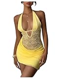 SOLY HUX Women's Lace Halter Mini Dress Sexy Deep V Neck Sleeveless Backless Ruched Bodycon Club Party Dresses Plain Butter Yellow Small