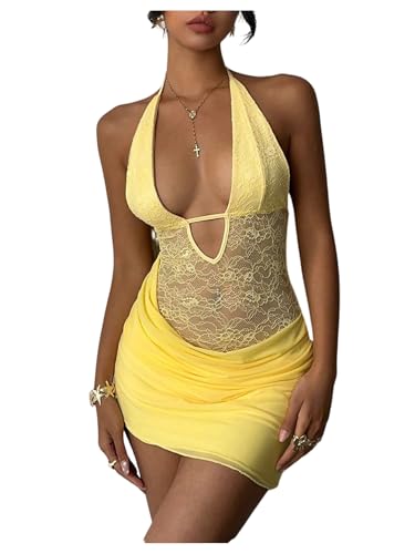 SOLY HUX Women's Lace Halter Mini Dress Sexy Deep V Neck Sleeveless Backless Ruched Bodycon Club Party Dresses Plain Butter Yellow Small