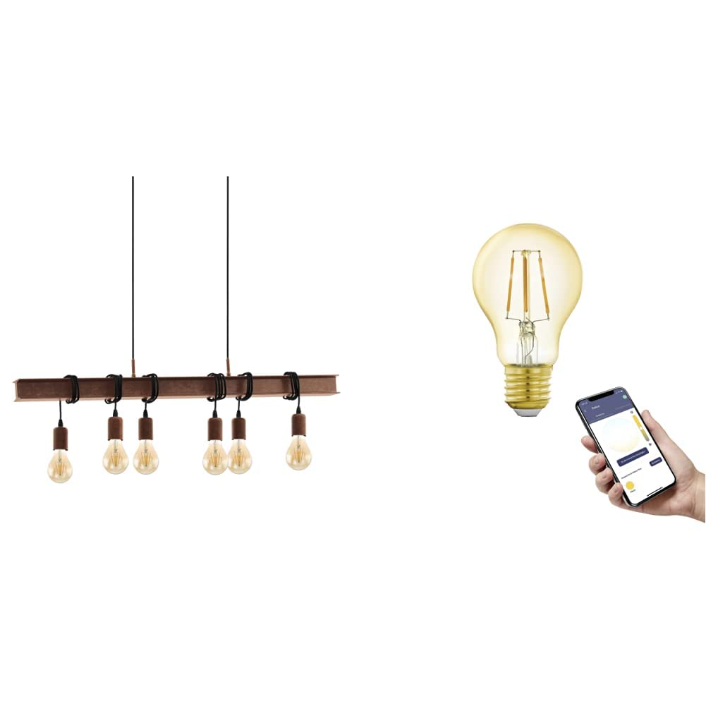 EGLO Pendelleuchte Townshend, Vintage LED Hängelampe inkl. 6 E27 Smart Home connect.z Retro-Leuchtmittel, dimmbare Industrial Hängeleuchte aus Stahl in Antik braun, warmweiß