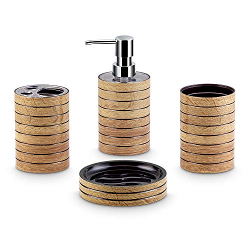 Freelance Miami Polystyrene 4 Pieces Bathroom Set-Dispenser, Toothbrush Holder, Tumbler & Soap Dish (Light Wood)