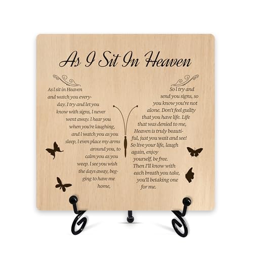 Decoración de celebración de la vida, regalos de condolencias por la pérdida de un ser querido, decoración de escritorio conmemorativo, placa de madera con texto en inglés 'As I Sit In Heaven