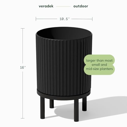 Image of Veradek Demi Series Raised Planter - Round Planter with Stand | Made From a Durable Plastic-Stone Composite & Comes With Wooden Stand. Modern Porch /Patio Decor