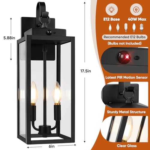 Image of BesLowe 2-Pack 17.5 inch Upgraded Motion Sensor Outdoor Wall Lights, Black | Auto ON /OFF, 3 Lighting Modes, Waterproof, Rust-Resistant, Durable Metal with Clear Glass, Dual E12 Sockets, Easy to Install