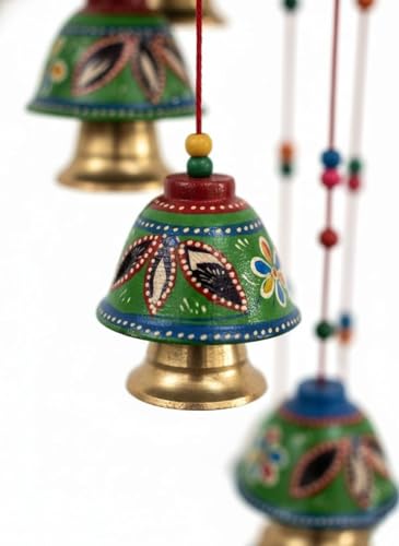 Image of Bindian Handcrafted Rajasthani Wind Chime with Bells, Multicolour, 72x23 cm, Traditional Wall Hanging for Home, Garden & Balcony (Green Wind Chime-2)