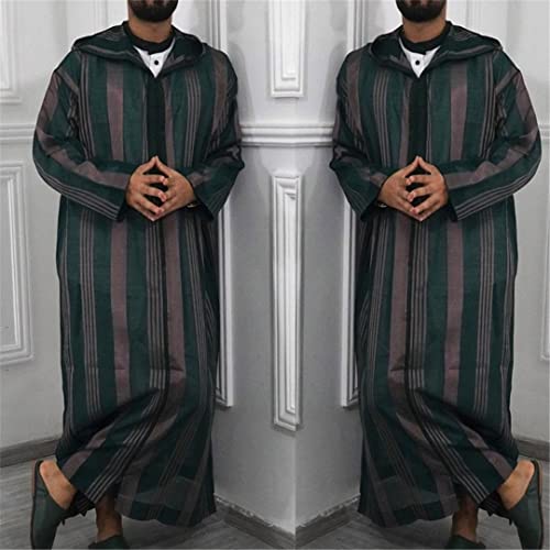 Islamic Kaftan Muslim Robes Men Striped Printing Long Sleeve Loose Robe Men's Hooded Robes Arabia Thobe2