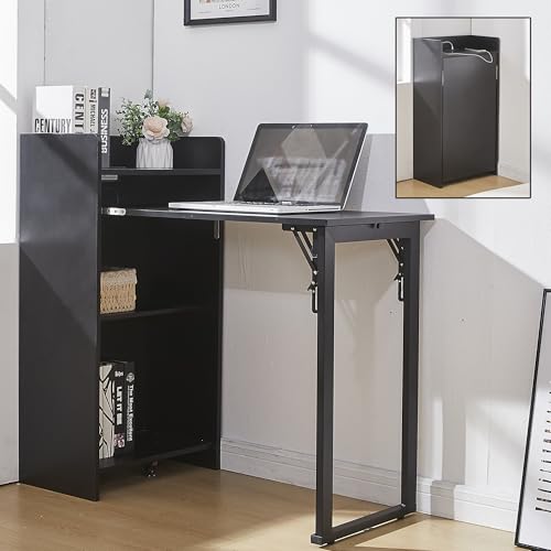 Foldable Desk,Hidden Desk with Storage and Built-in Socket,Mid Ce...