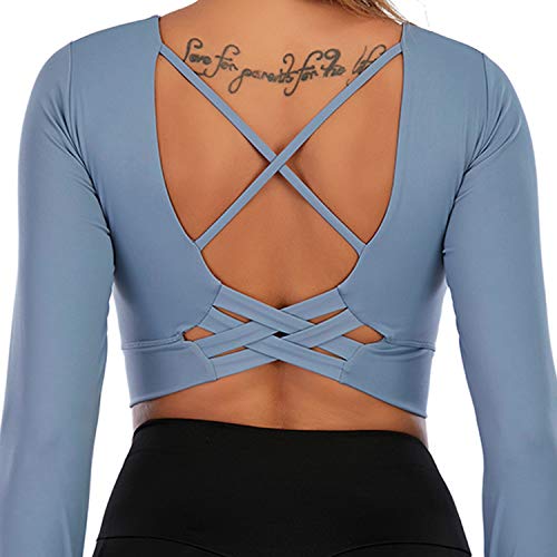 Cordaw Women Long Sleeve Ballet Crop Top Workout Dance Tops Cropped Sweater Gym Athletic Shirts Build in Bra with Thumbholes Blue