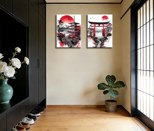 Image of Frimeeme 3 Pieces Japanese Canvas Wall Art,12x16 Inch Each | Japanese Landscape Painting Prints, Red and Black Cherry Blossom Trees Building Pictures, Living Room Office Decor
