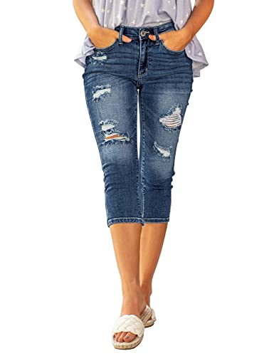 Roskiky Jeans Leggings Damen Jeans mit Löchern High Waist Skinny Jeans Damen Jeans Dunkelblau Damen 3/4 Hose Damen M