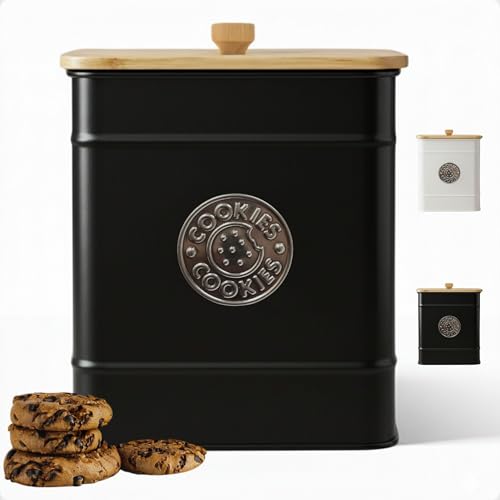 Cookie Jar with Airtight Lid - 1 Gallon - 6'D x 8'H Black Iron Cookie Tin with Bamboo Lid - Large...