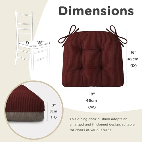 Image of AddGrace Dining Chair Cushions Set of 2 Non-Slip 18 inchx16 inchx3 inch Burgundy | with Ties, Textured Fabric, for Kithchen, Dining Room, Restaurant, Indoor Furniture, Wood Chairs, Long Meals, Soft, Comfy