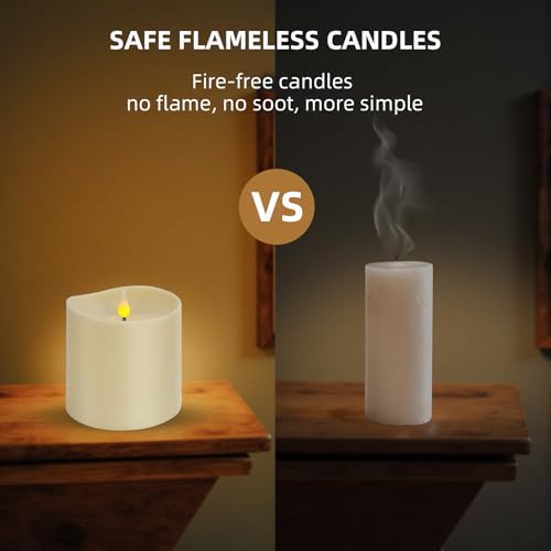 Image of Flameless LED Candle with Remote, 4x4 Inch Battery Operated Plastic Pillar Candle, Realistic Flickering Flame, Timer & Brightness Control, Ivory - Safe for Kids & Pets, Great for Home & Holiday Decor