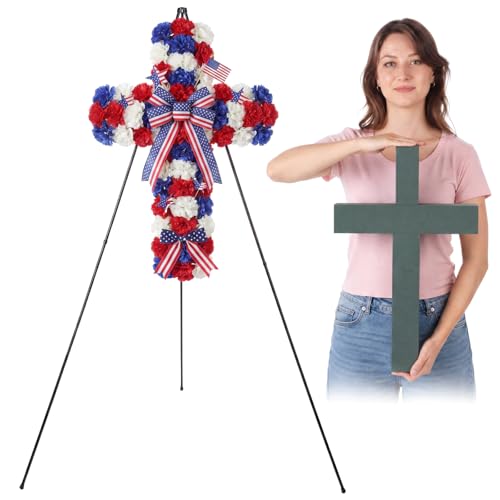 Chumia 1 Set Giant Floral Foam Cross with Wreath Display Stand 22 Pre-Cut Foam Cross with 67 Collapsible Flower Holder for Garden Religious Wedding Church Funeral Wake Cemetery Craft Decorations