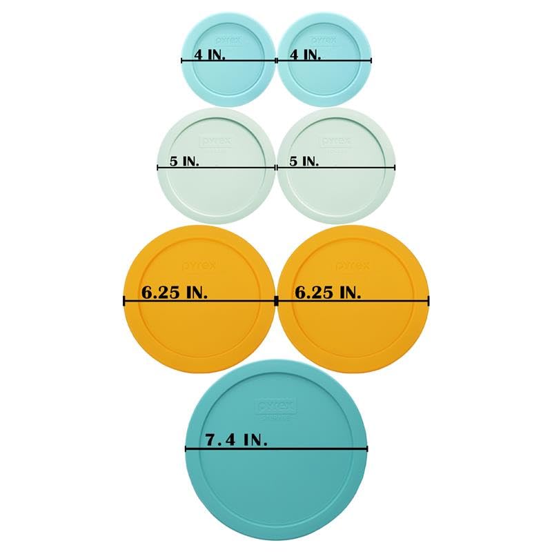 Image of Pyrex (1) 7402-PC 6 /7-Cup Sea Glass, (2) 7201-PC 4-Cup Lemondrop Yellow, (2) 7200-PC 2-Cup Sage Green, (2) 7202-PC 1-Cup Jade Dust Green Food Storage Replacement Lids - Made in USA
