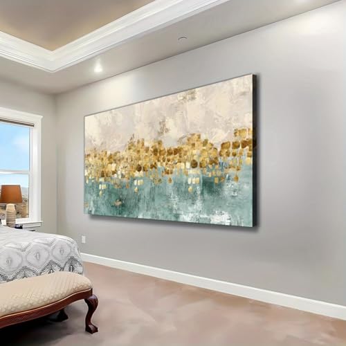 UUDEZO Quadri dipinti a mano dorati e blu-verdi, decorazioni murali astratte con cornice per ufficio, camera da letto, soggiorno (100x200 cm/39x78 pollici) con cornice nera