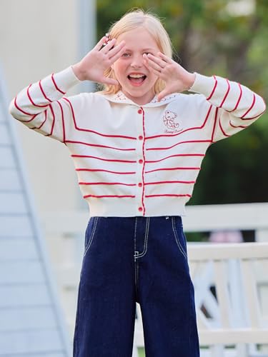 Girls White Cardigan Sweater Stripes,Sailor Collar Long Sleeve Knit Button Down Front,Kid Fall Tops for 6-16Y2