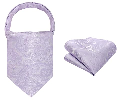 Image of HISDERN Ascot Ties for Men Paisley Floral Ascot and Pocket Square Set Classic Self Tie Mens Cravat Handkerchief for Wedding