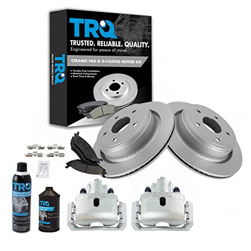 Image of TRQ Rear Ceramic Brake Pad Coated Rotor & Caliper Kit w /Fluids Compatible with Chrysler
