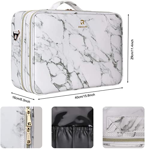 Image of Adson Large Makeup Bag 3 Layers Professional Train Cosmetic Bag Makeup Organizer Case Artist Storage Brush Box with Adjustable Dividers and Strap for Makeup Accessories (White Marble Pattern)