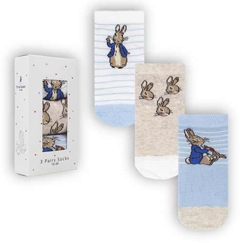 Peter Rabbit Baby Socks 3 Pairs Pack Blue and Beige Cotton Blend Bunny Character Design Multi-Sizes (UK Age 0 Months 6 Months)