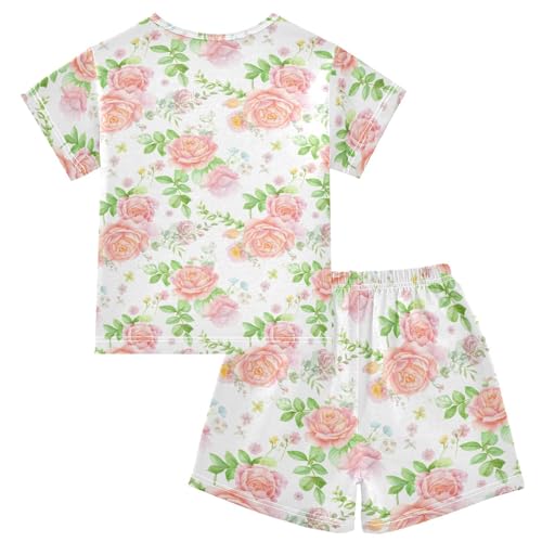 Watercolor Rose Flowers Pajama Set Short Sleeve PJS 2 Piece Summer Pajamas Shorts Sets Cotton 5Y2