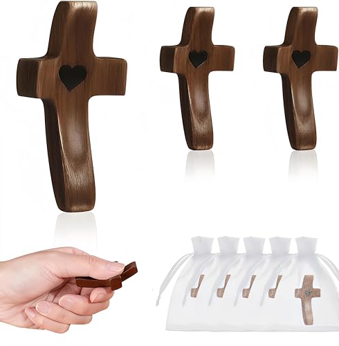 Handmade 3Pcs Pocket Wooden Cross with Organza Bags - Stress Relief Cross My Heart for Christian Religious Easter Day Gifts