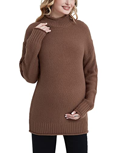 MOMOOD Umstands-Rollkragenpullover Langarm Lose Strickpullover Oversized Pullover Schwangere Pullover Top, khaki, Klein Cover