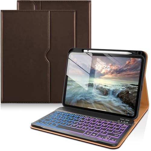 Image of DTTO for iPad 11th (A16) / 10th Generation Case with Keyboard (2025 /2022), 7 Colors Backlit Wireless Detachable Keyboard Leather Folio Cover with Pencil Holder & Pocket, Dark Brown