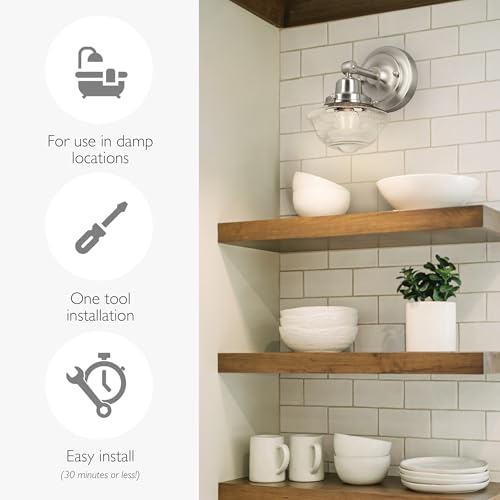 Image of Design House Vintage-Inspired Schoolhouse Wall Sconce, 6.625 in x 7.625 in x 9.5 in, Satin Nickel, Clear Seeded Glass Shade, 589127-SN