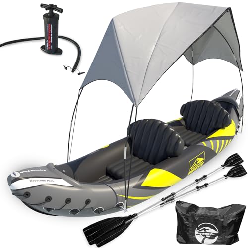 KP Inflatable Kayak 2 Person with Detachable Sun Canopy/Shade - Kayaks for Adults - Waterproof Phone Bags - Adjustable Seats - 3rd Seat for Dog/Child - Backrests & More - Grey