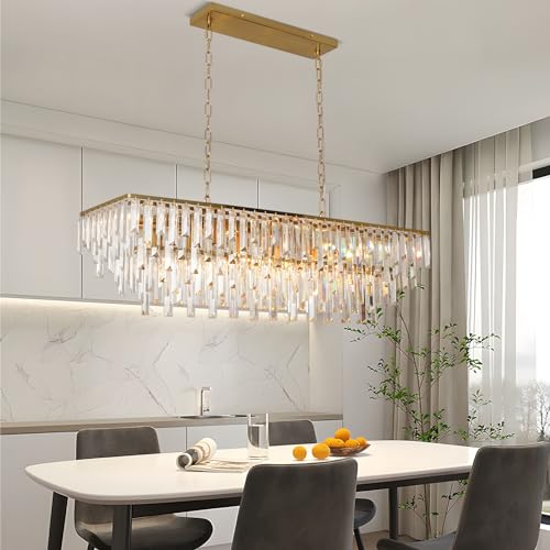 39" Modern Rectangle Crystal Chandelier, Gold Linear Pendant Light with